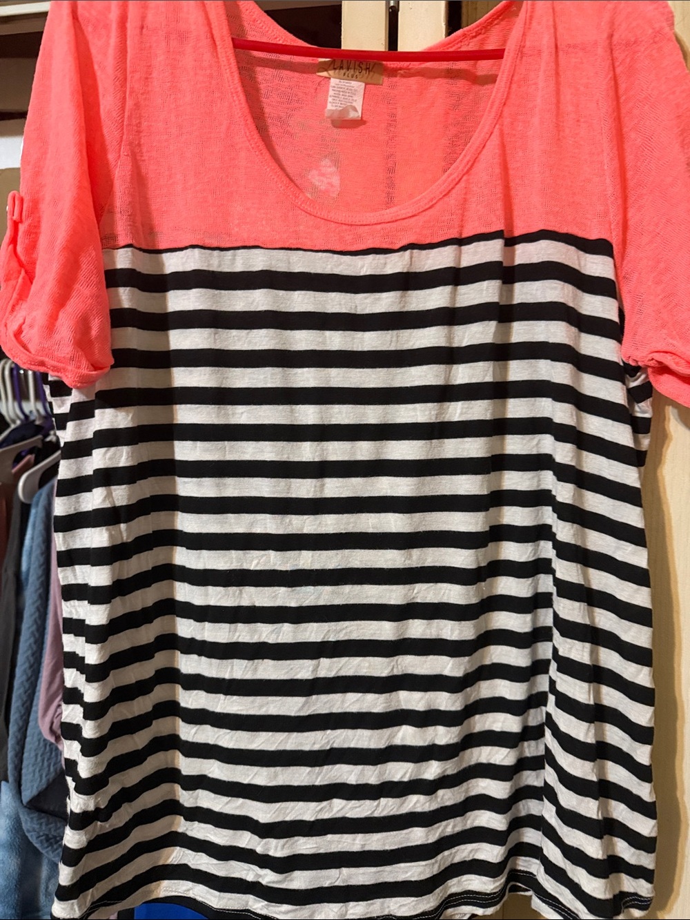 Striped Short Sleeve Tee with Neon Coral Yoke